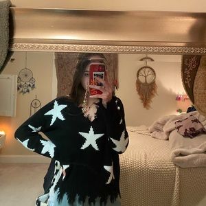 Black Star Print Destructed Hem Sweater